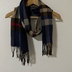 Cashmere Fringe Scarf Blue Tan Black Red Plaid Made in Germany-64x12”